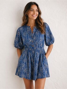 Blue Floral Embroidered Puff Sleeve Mini Dress NWT! Lovelo Sz S